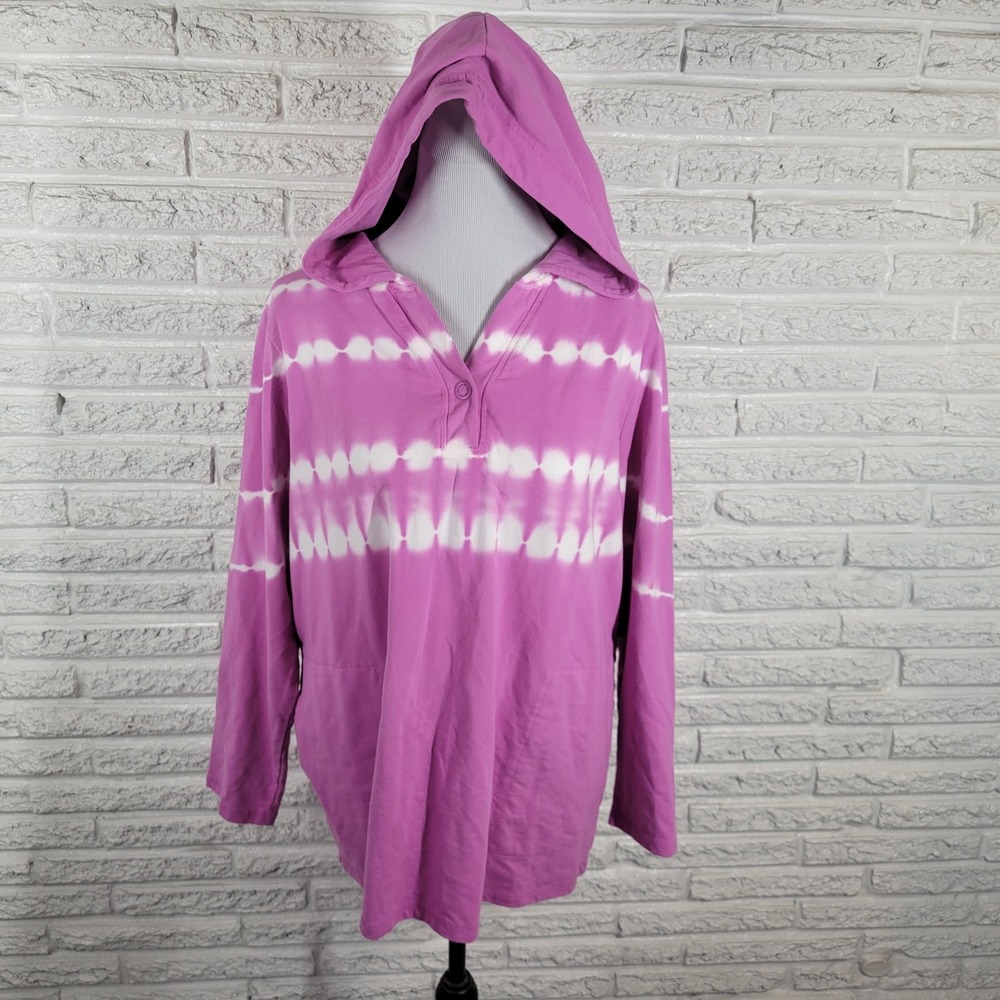 Isaac Mizrahi Live 1X Plus Hoodie Sweatshirt Purple Tie Dye V-Neck Pocket Cotton